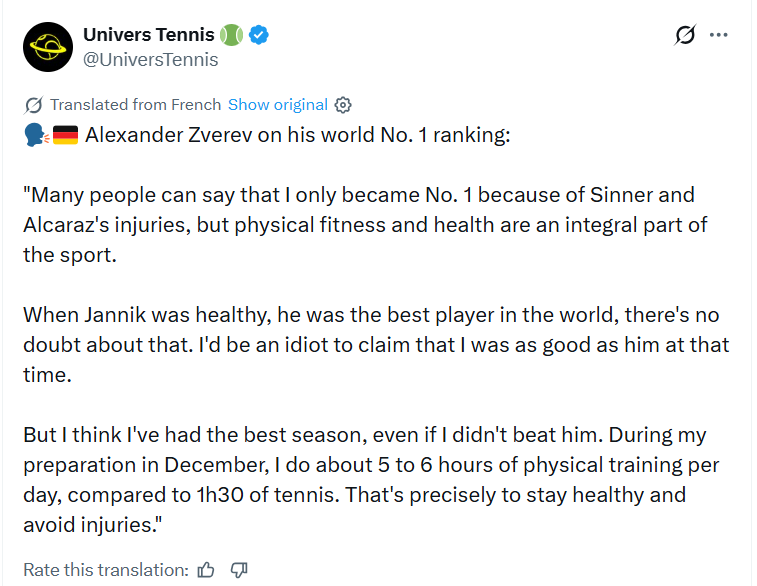 Zverev on becoming world #1: "I'd be an idiot to claim I was as good as Sinner when he was healthy, but physical fitness and health are an integral part of the sport"