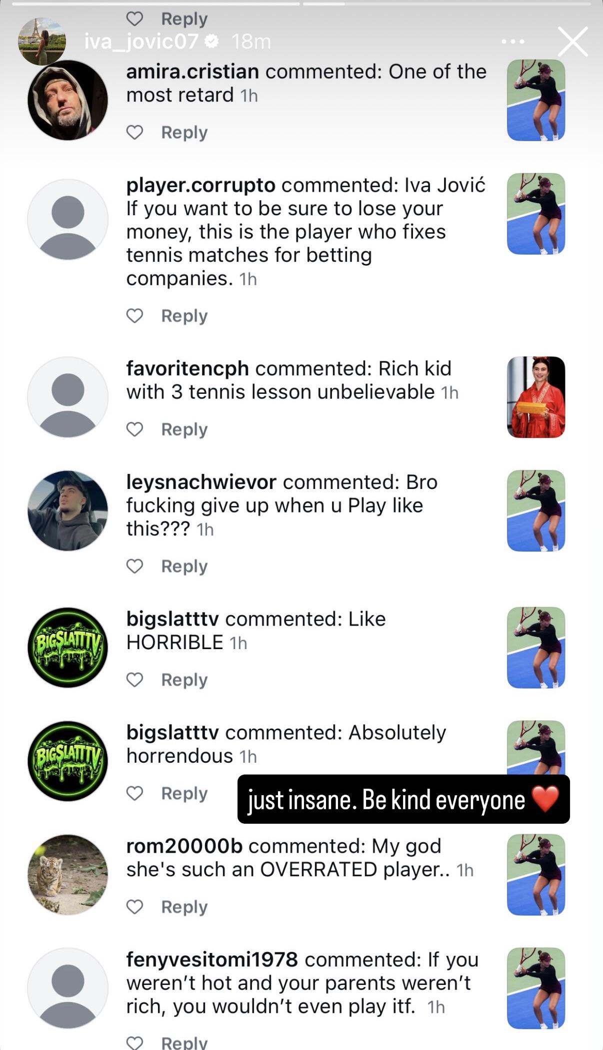 Jovic shares hate comments after her loss today